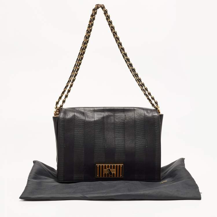 Pre Owned Fendi Black Pequin Stripe Embossed Leather Large Claudia Shoulder Bag