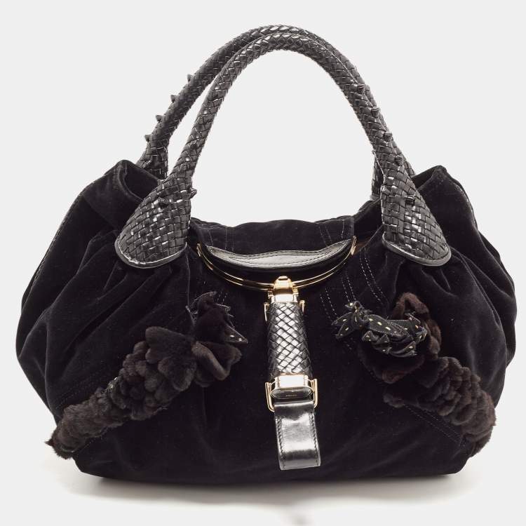 Pre Owned Fendi Black Velvet and Leather Wisteria Spy Hobo