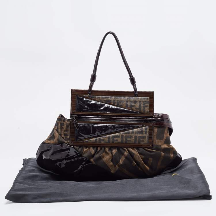 Pre Owned Fendi Tobacco Zucca Canvas and Patent Leather To You Convertible Clutch Bag