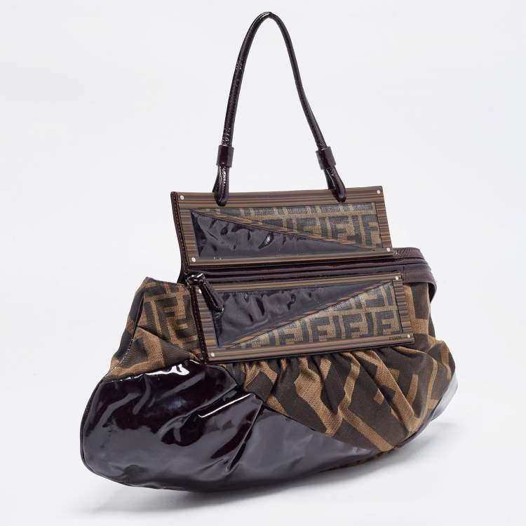Pre Owned Fendi Tobacco Zucca Canvas and Patent Leather To You Convertible Clutch Bag