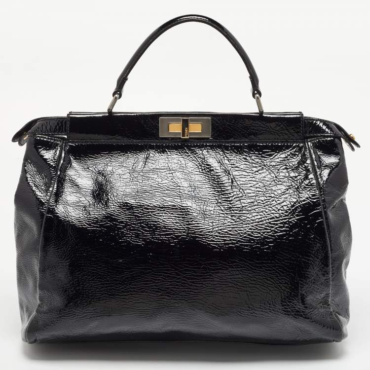 Pre Owned Fendi Black Patent Leather Large Peekaboo Top Handle Bag