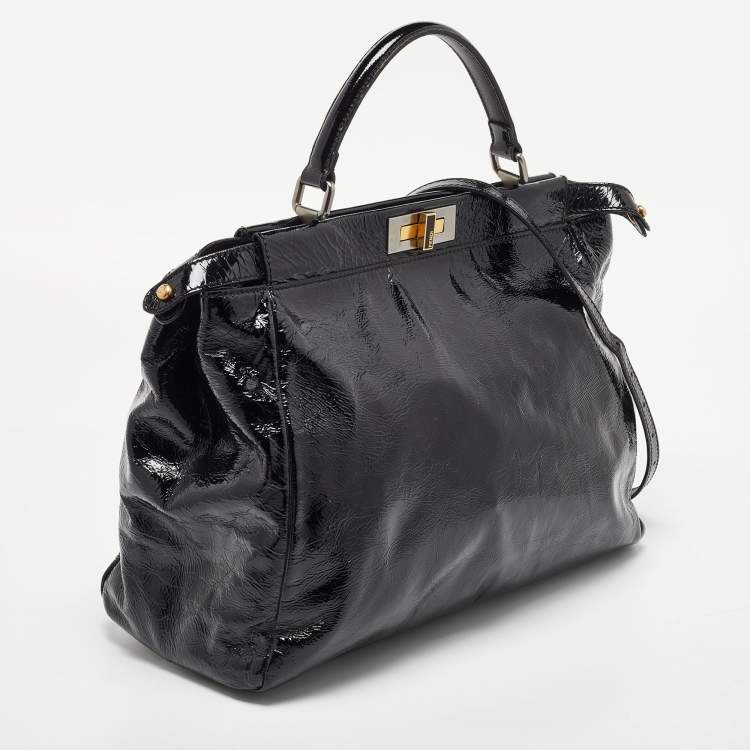 Pre Owned Fendi Black Patent Leather Large Peekaboo Top Handle Bag