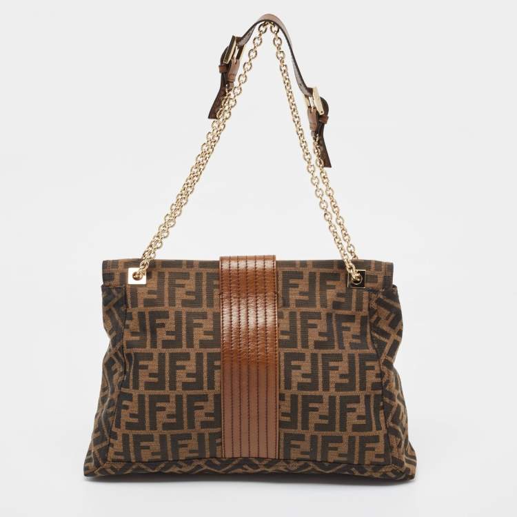 Pre Owned Fendi Tobacco Zucca Canvas and Leather Maxi Baguette Flap Shoulder Bag