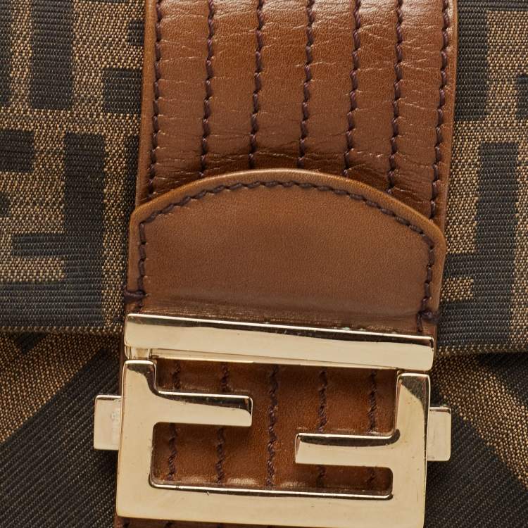 Pre Owned Fendi Tobacco Zucca Canvas and Leather Maxi Baguette Flap Shoulder Bag
