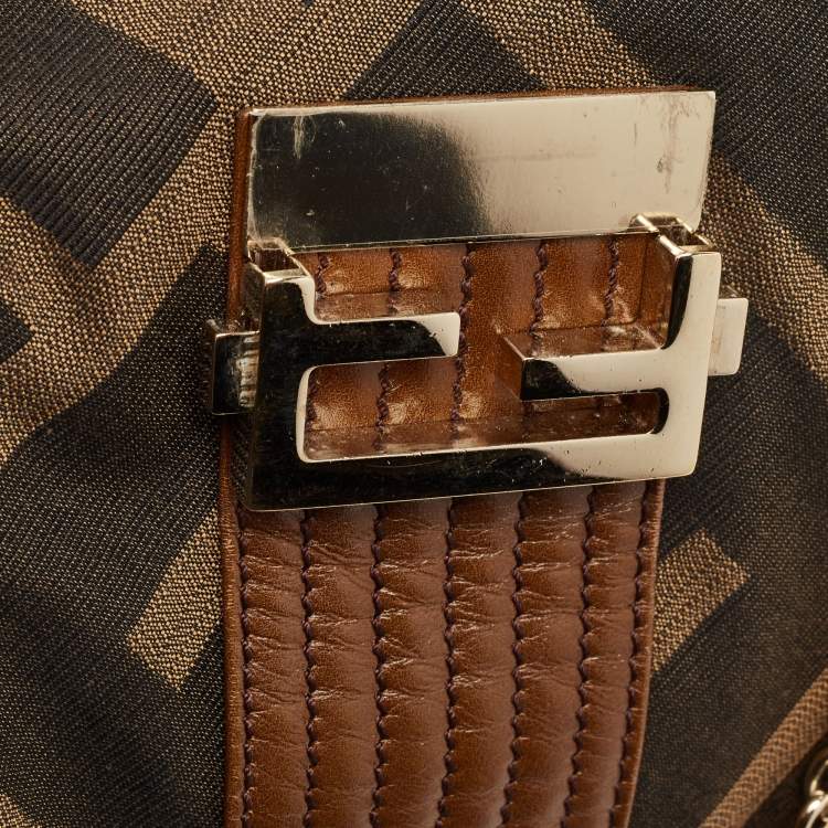 Pre Owned Fendi Tobacco Zucca Canvas and Leather Maxi Baguette Flap Shoulder Bag