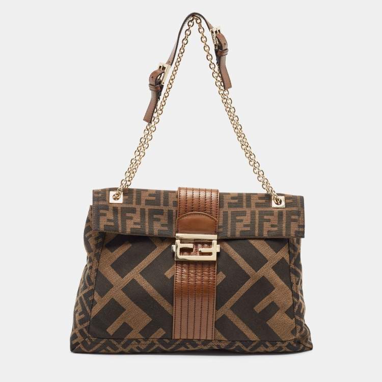 Pre Owned Fendi Tobacco Zucca Canvas and Leather Maxi Baguette Flap Shoulder Bag