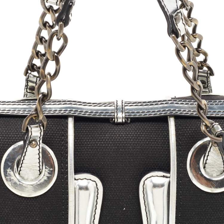 Pre Owned Fendi Black/Silver Canvas and Patent Leather B Shoulder Bag