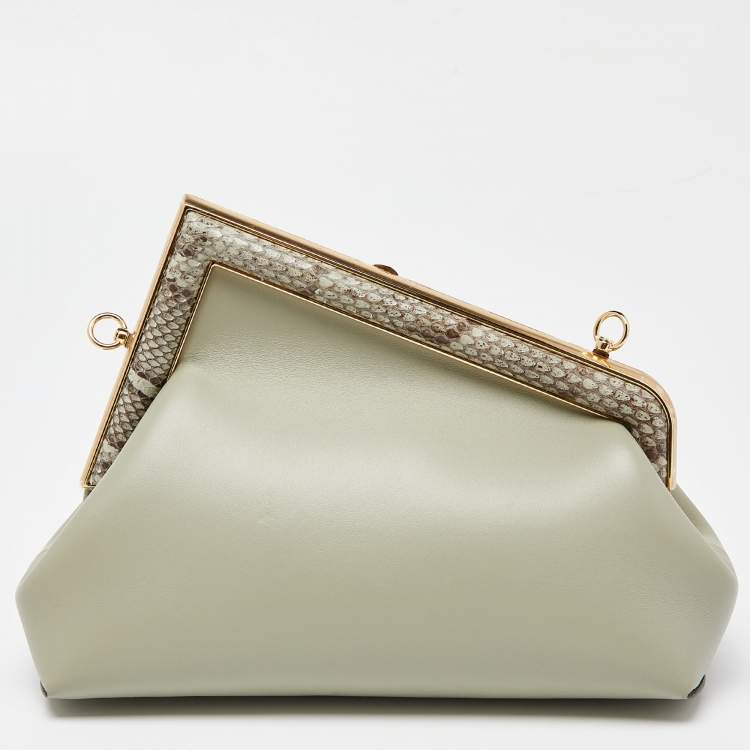 Pre Owned Fendi Avocado Green Leather and Python Small First Clutch