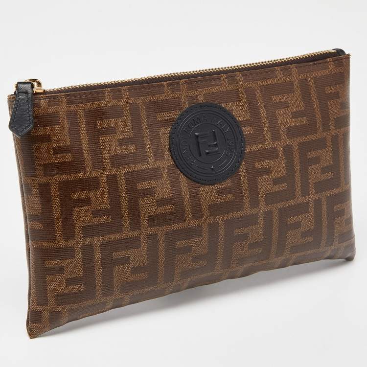 Pre Owned Fendi Brown Zucca Coated Canvas Zip Pouch 