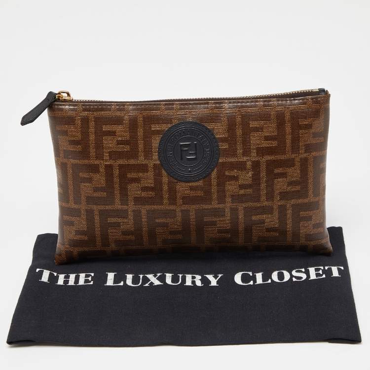 Pre Owned Fendi Brown Zucca Coated Canvas Zip Pouch 