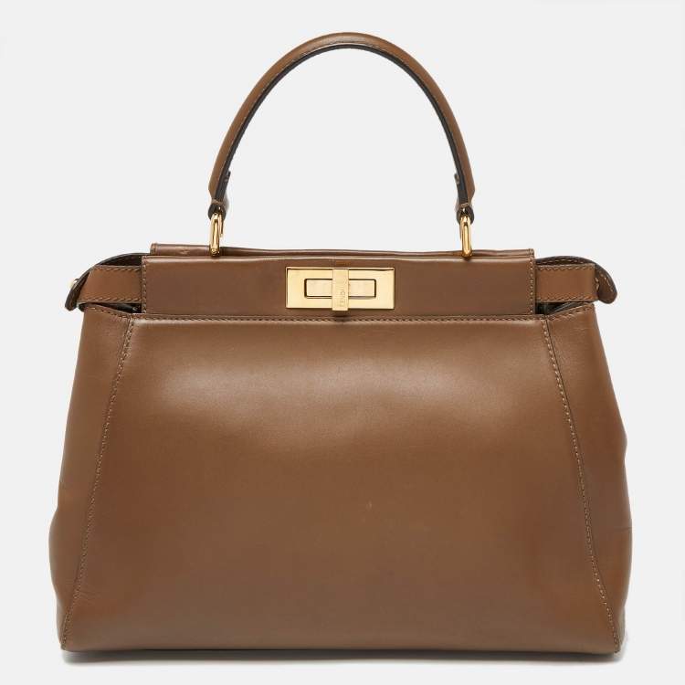 Pre Owned Fendi Brown Leather Medium Peekaboo Top Handle Bag