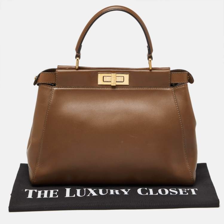 Pre Owned Fendi Brown Leather Medium Peekaboo Top Handle Bag