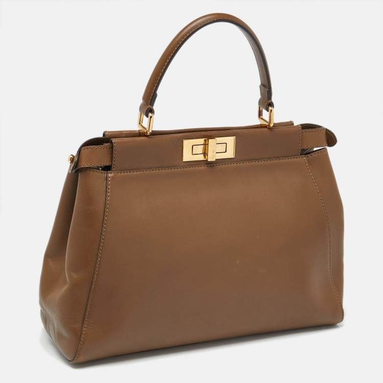 Pre Owned Fendi Brown Leather Medium Peekaboo Top Handle Bag