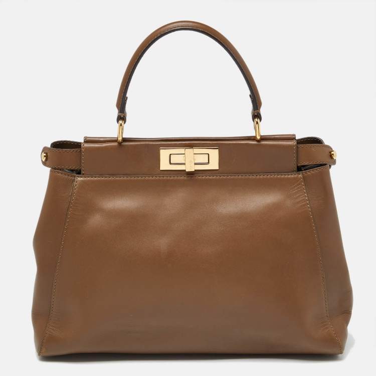 Pre Owned Fendi Brown Leather Medium Peekaboo Top Handle Bag