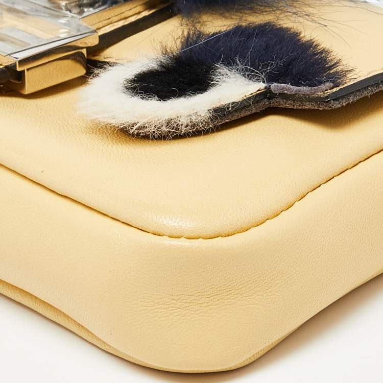 Pre Owned Fendi Yellow Leather and Fur Micro Monster Baguette Bag