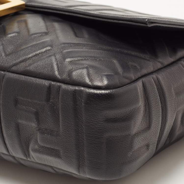 Pre Owned Fendi Black Zucca Embossed Leather Medium Baguette Bag