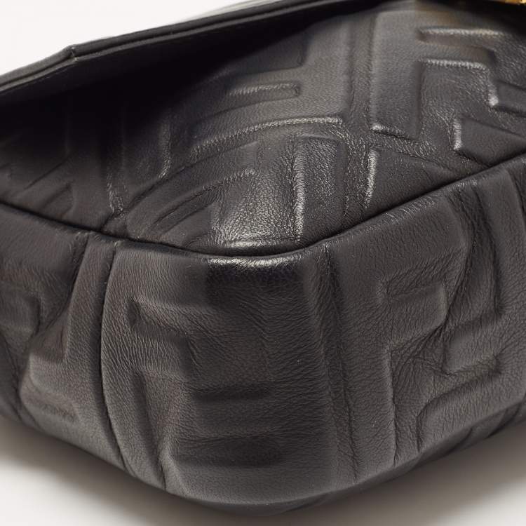 Pre Owned Fendi Black Zucca Embossed Leather Medium Baguette Bag