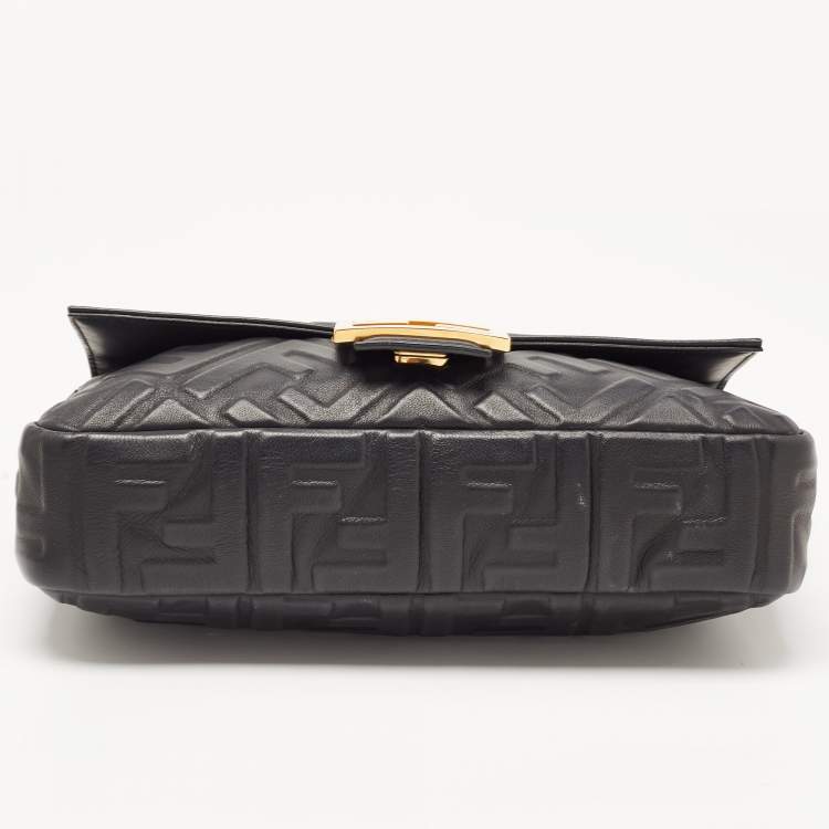 Pre Owned Fendi Black Zucca Embossed Leather Medium Baguette Bag