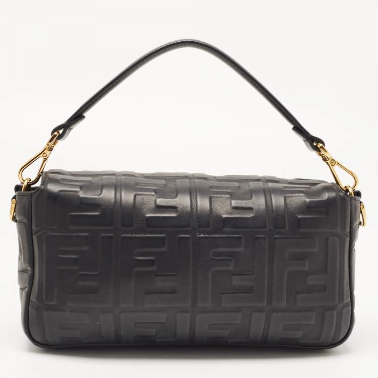 Pre Owned Fendi Black Zucca Embossed Leather Medium Baguette Bag