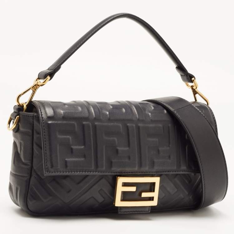 Pre Owned Fendi Black Zucca Embossed Leather Medium Baguette Bag