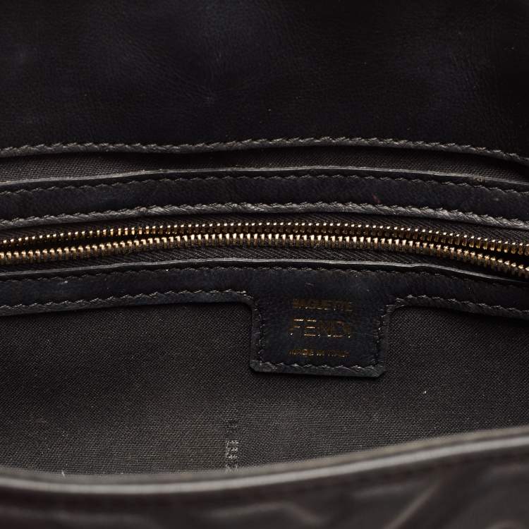 Pre Owned Fendi Black Zucca Embossed Leather Medium Baguette Bag
