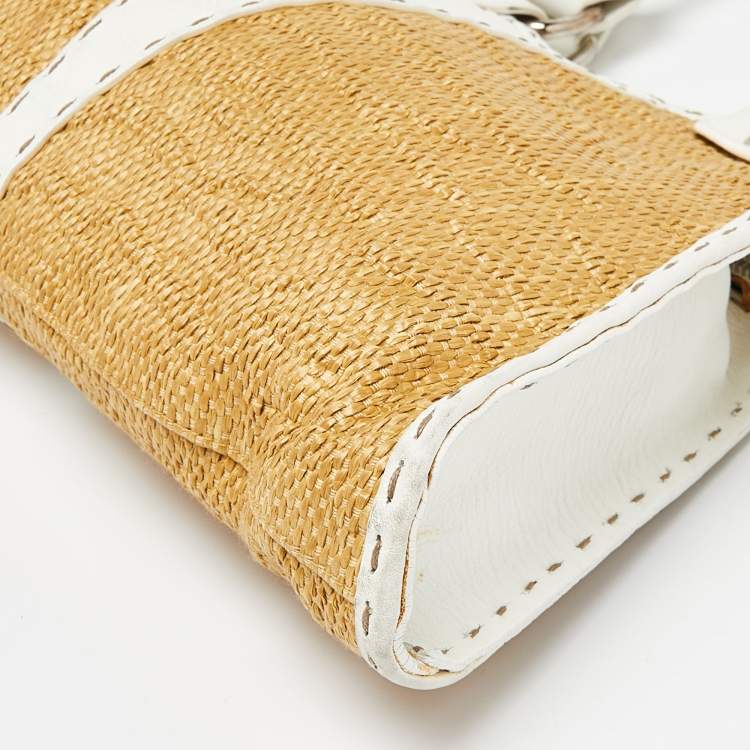 Pre Owned Fendi White/Beige Raffia and Leather Devil Trapezio Bag