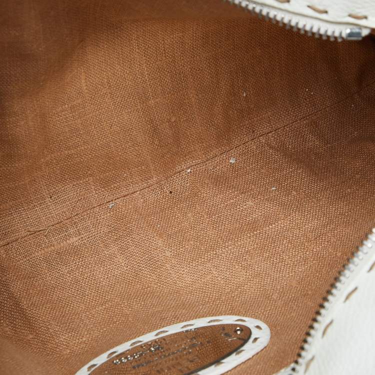 Pre Owned Fendi White/Beige Raffia and Leather Devil Trapezio Bag