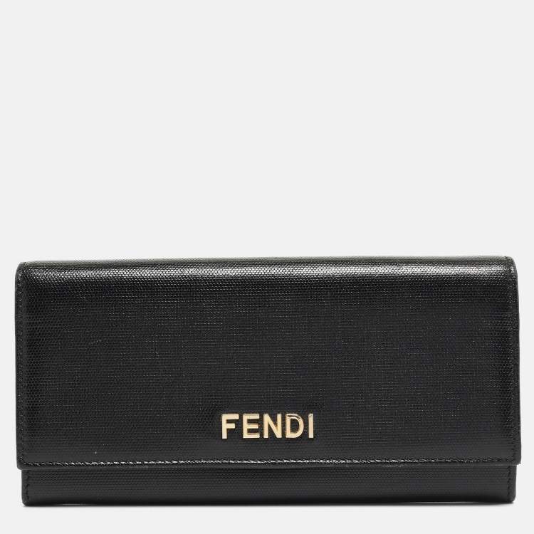 Pre Owned Fendi Black Leather Logo Flap Continental Wallet