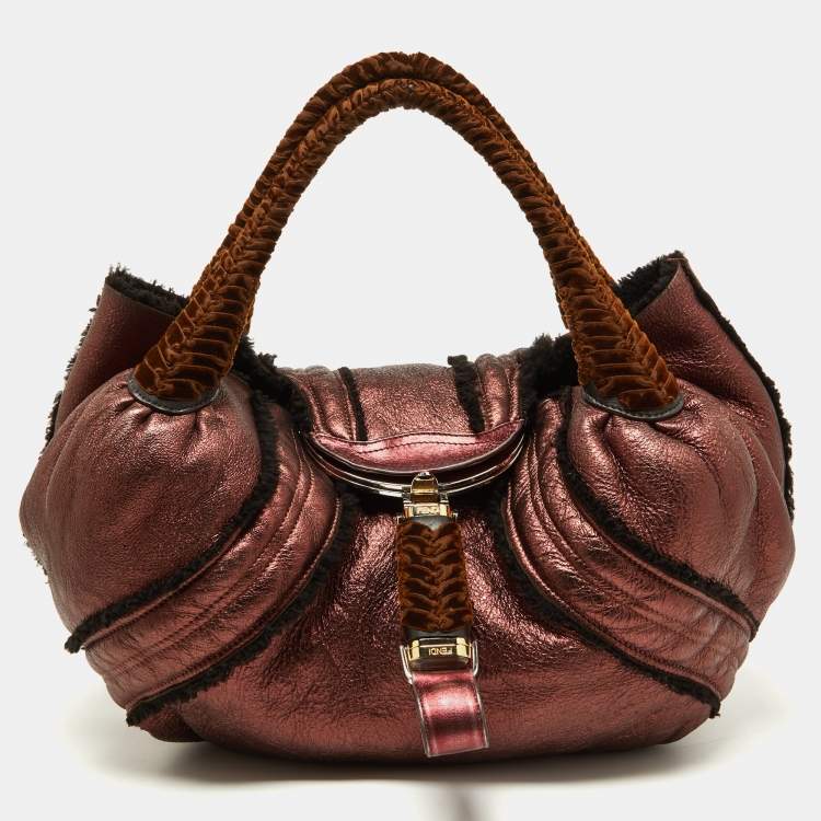 Pre Owned Fendi Metallic Burgundy/Brown Leather and Velvet Spy Bag