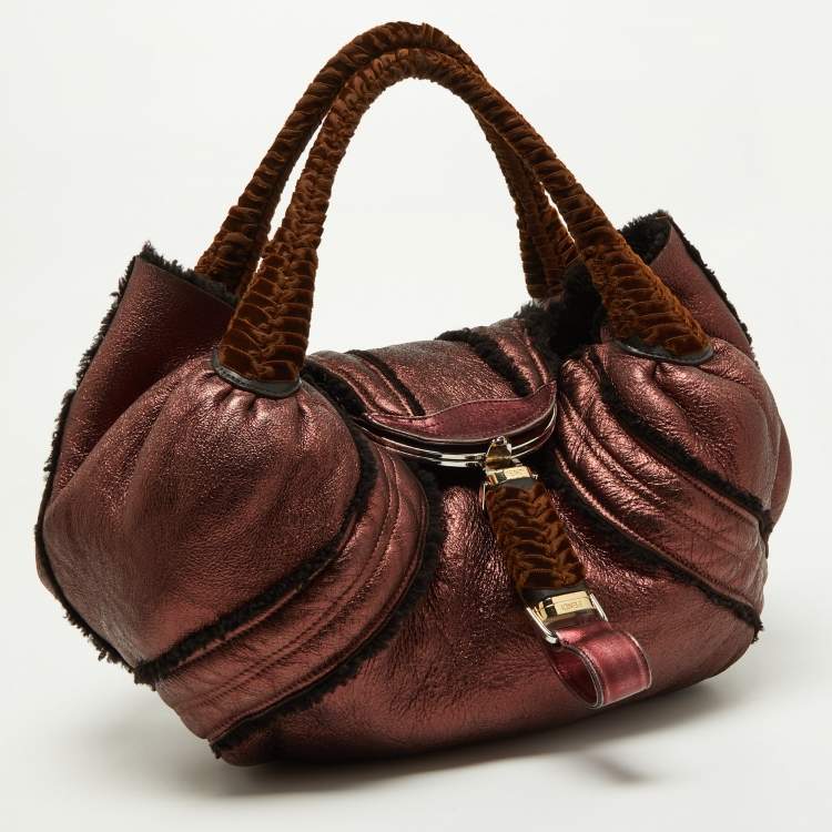 Pre Owned Fendi Metallic Burgundy/Brown Leather and Velvet Spy Bag