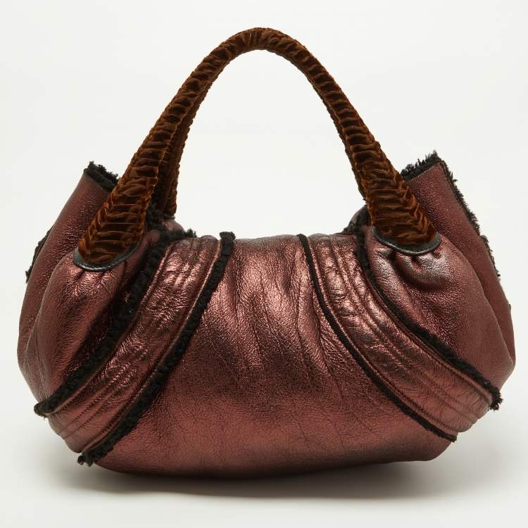 Pre Owned Fendi Metallic Burgundy/Brown Leather and Velvet Spy Bag