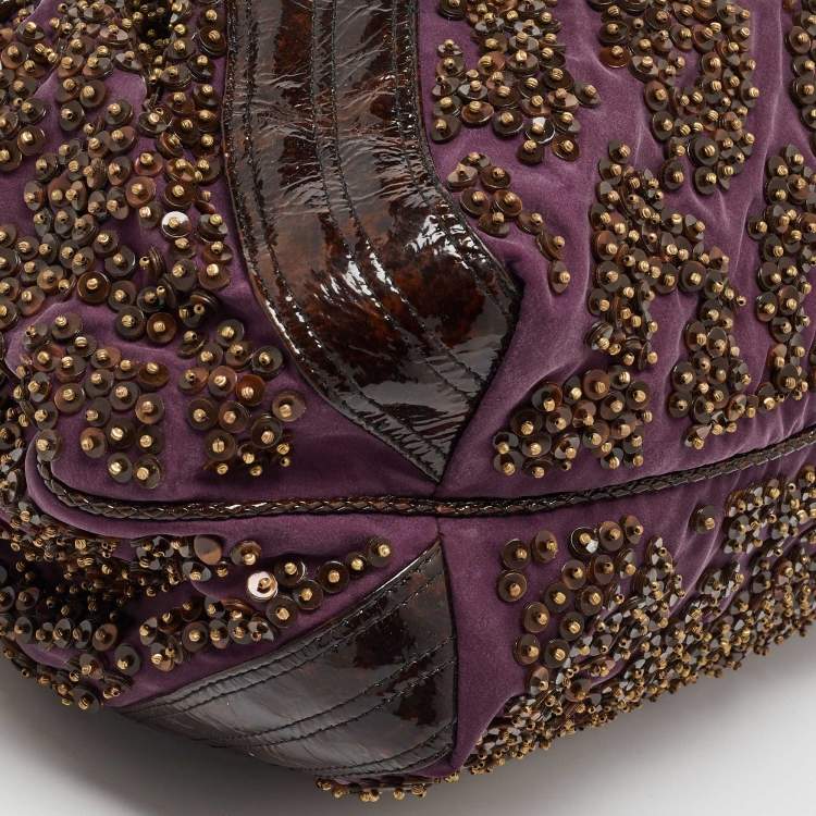 Pre Owned Fendi Dark Brown/Purple Patent Leather and Fabric Sequins Spy Hobo