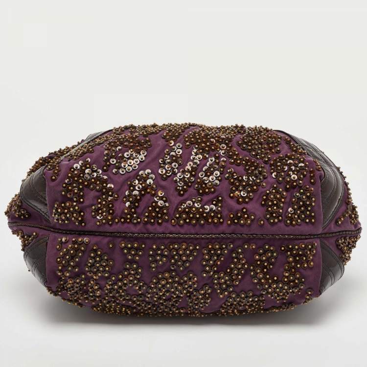 Pre Owned Fendi Dark Brown/Purple Patent Leather and Fabric Sequins Spy Hobo