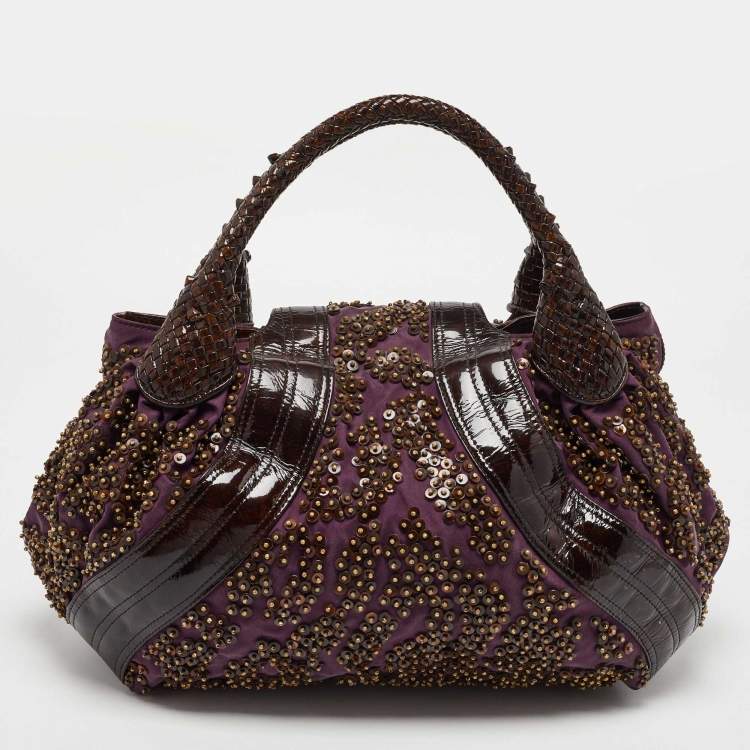 Pre Owned Fendi Dark Brown/Purple Patent Leather and Fabric Sequins Spy Hobo