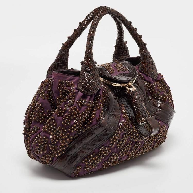 Pre Owned Fendi Dark Brown/Purple Patent Leather and Fabric Sequins Spy Hobo