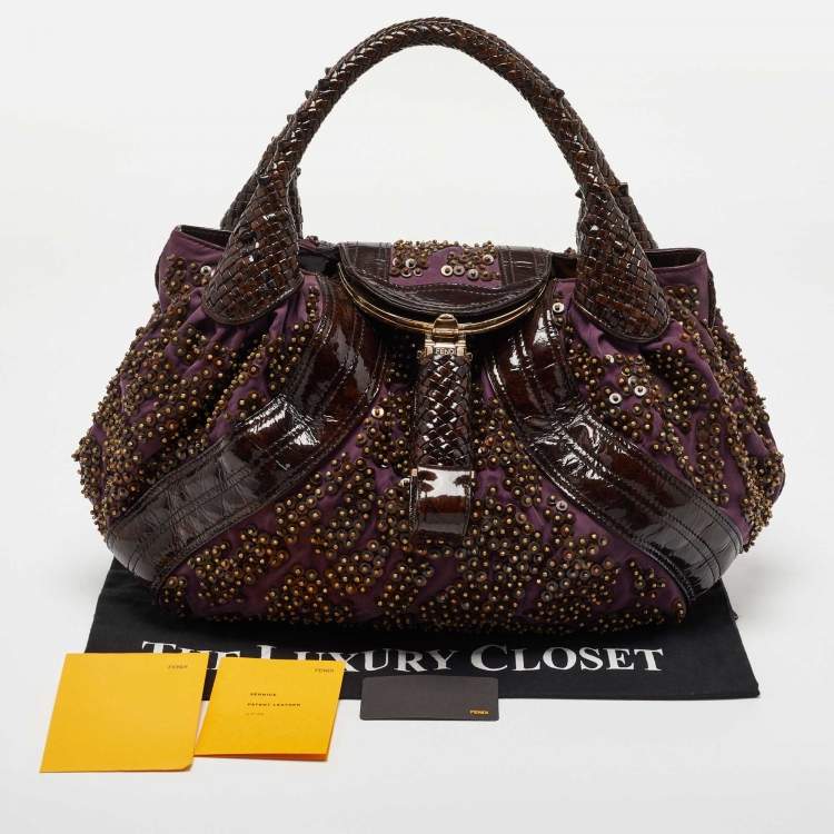 Pre Owned Fendi Dark Brown/Purple Patent Leather and Fabric Sequins Spy Hobo