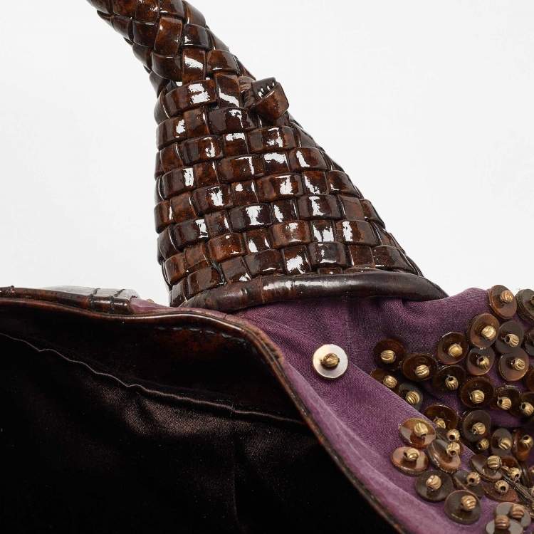 Pre Owned Fendi Dark Brown/Purple Patent Leather and Fabric Sequins Spy Hobo