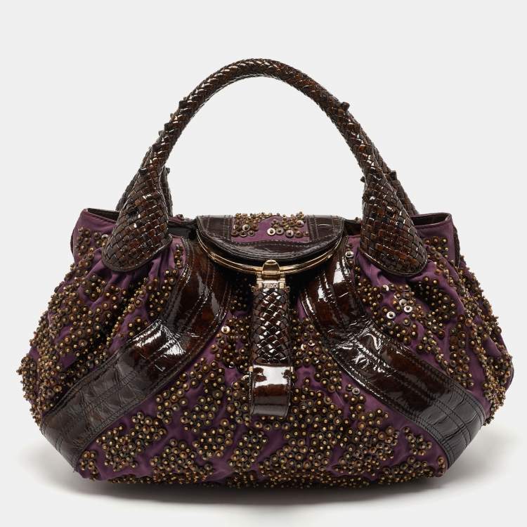 Pre Owned Fendi Dark Brown/Purple Patent Leather and Fabric Sequins Spy Hobo