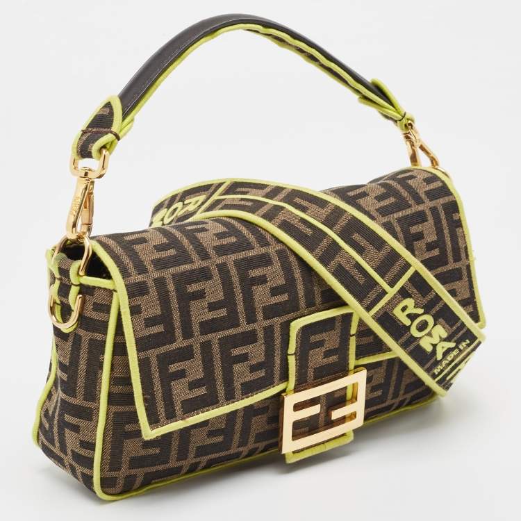 Pre Owned Fendi Neon Green/Tobacco Zucca Canvas 1974 Roma Amor Baguette Bag