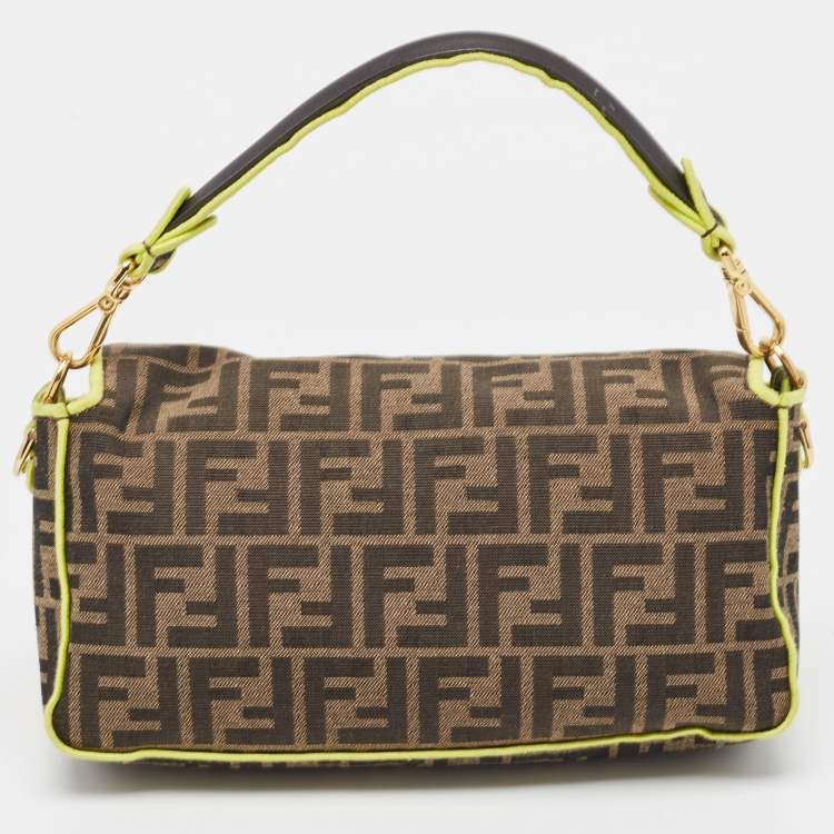 Pre Owned Fendi Neon Green/Tobacco Zucca Canvas 1974 Roma Amor Baguette Bag