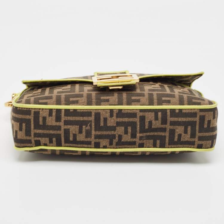 Pre Owned Fendi Neon Green/Tobacco Zucca Canvas 1974 Roma Amor Baguette Bag