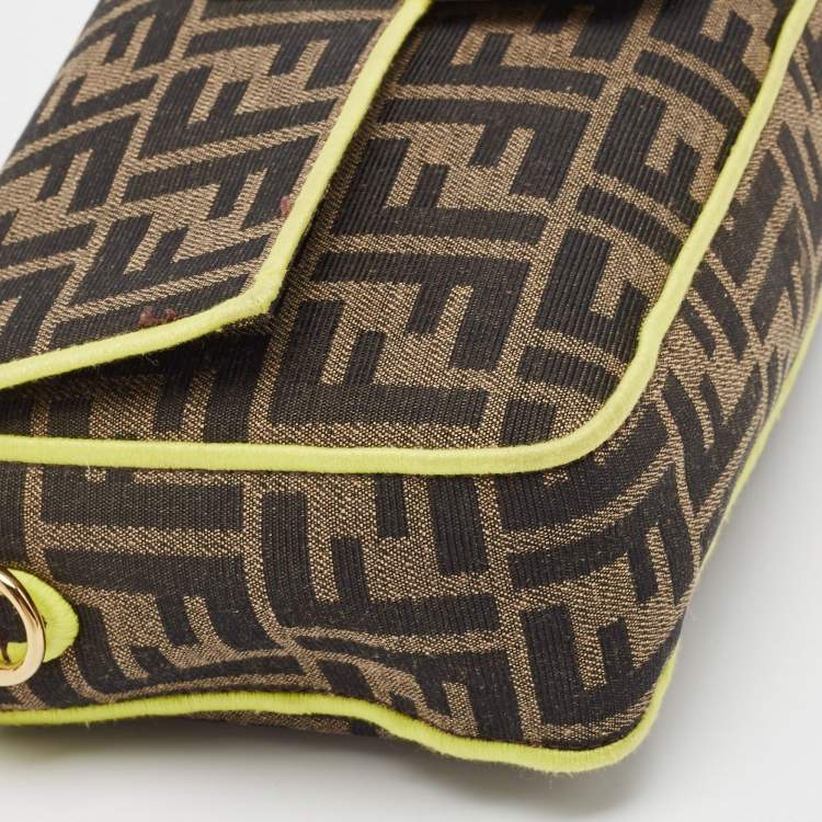 Pre Owned Fendi Neon Green/Tobacco Zucca Canvas 1974 Roma Amor Baguette Bag
