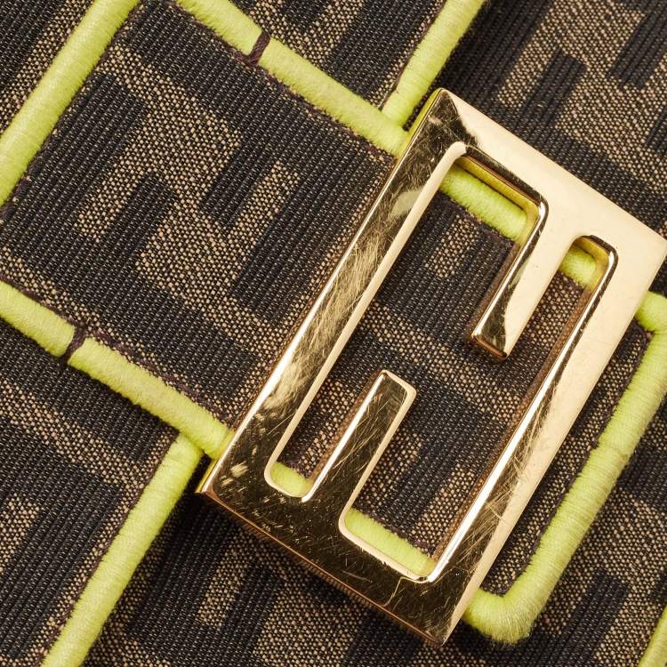 Pre Owned Fendi Neon Green/Tobacco Zucca Canvas 1974 Roma Amor Baguette Bag