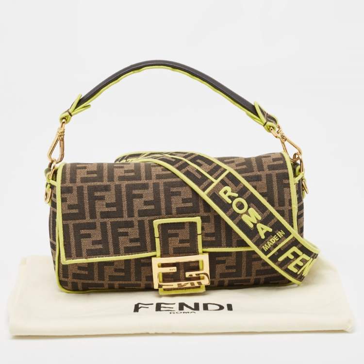 Pre Owned Fendi Neon Green/Tobacco Zucca Canvas 1974 Roma Amor Baguette Bag