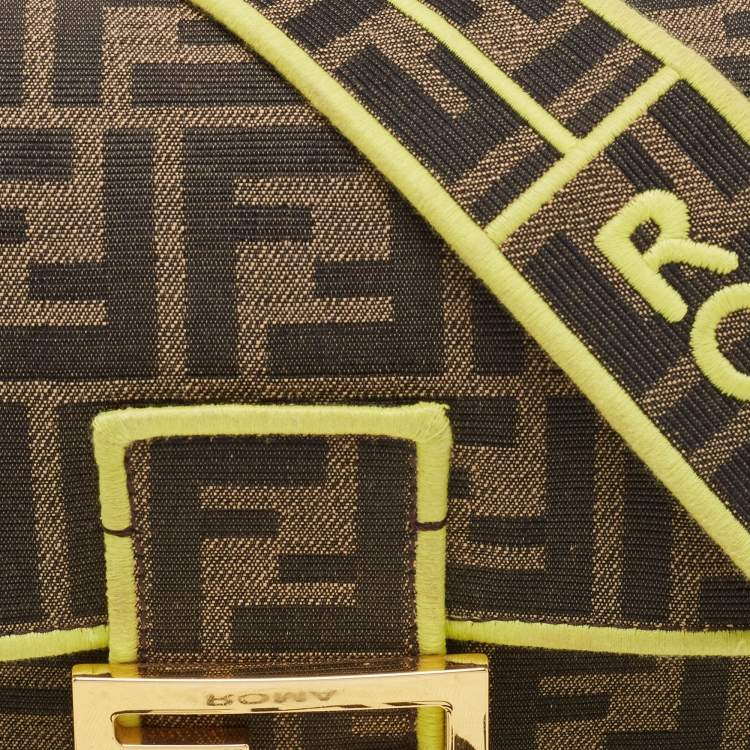 Pre Owned Fendi Neon Green/Tobacco Zucca Canvas 1974 Roma Amor Baguette Bag