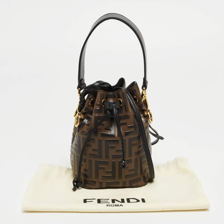 Pre Owned Fendi Brown/Black Zucca Leather Mini Mon Tresor Drawstring Bucket Bag
