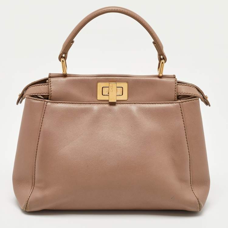 Pre Owned Fendi Beige Leather Mini Peekaboo Top Handle Bag