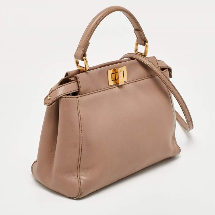 Pre Owned Fendi Beige Leather Mini Peekaboo Top Handle Bag