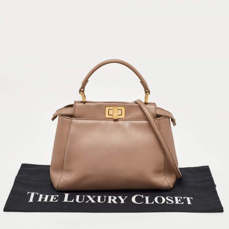 Pre Owned Fendi Beige Leather Mini Peekaboo Top Handle Bag