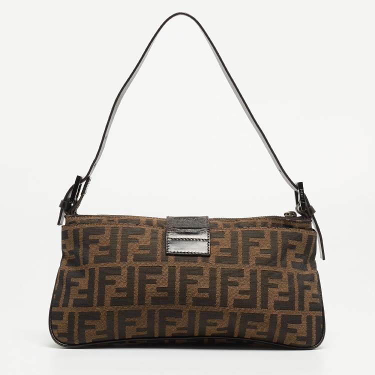 Pre Owned Fendi Dark Brown/Tobacco Zucca Canvas Zip Baguette Bag